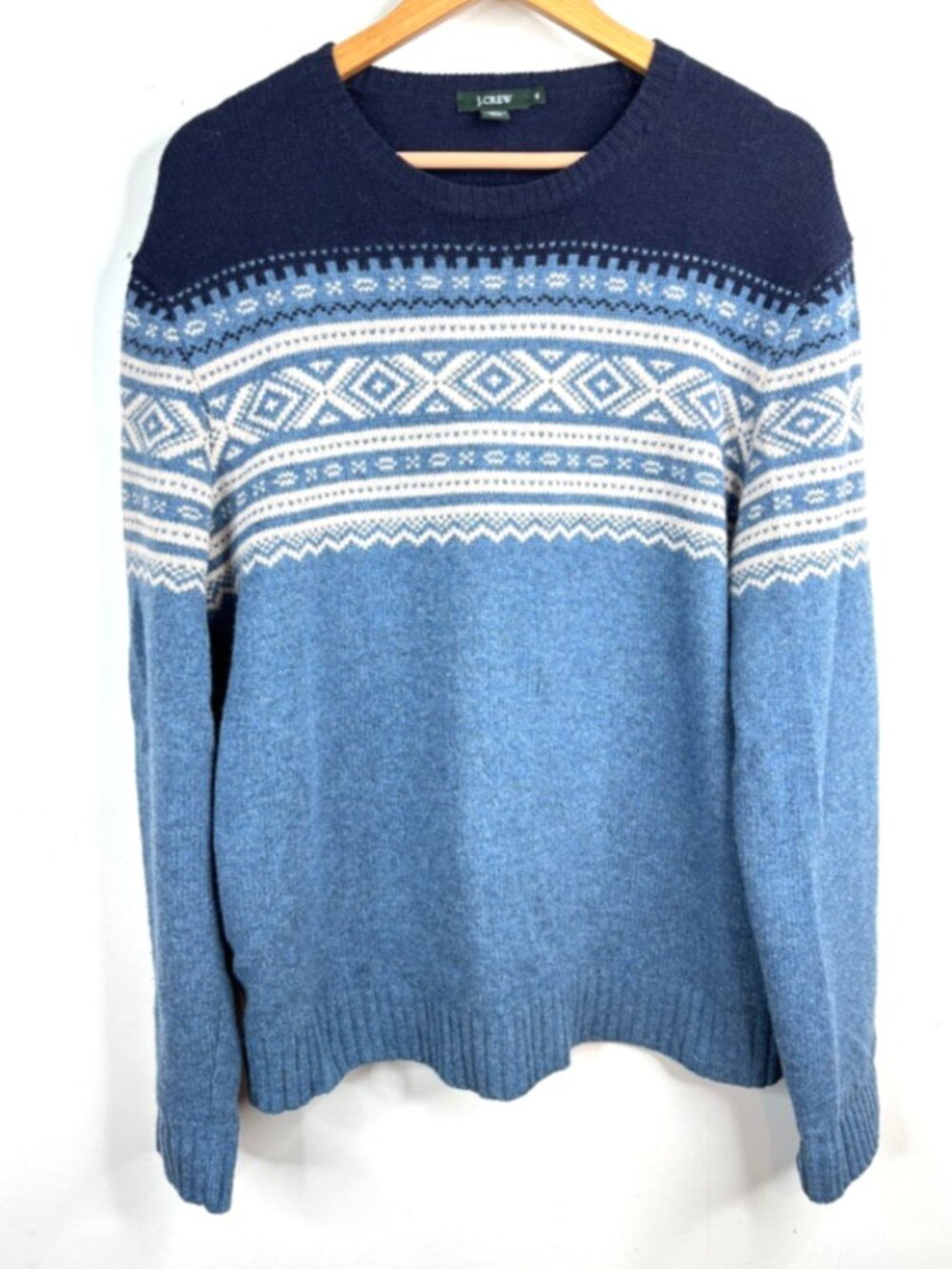 J Crew Wool Sweater Mens XL Blue Fair Isle Hand Knit Preppy Vintage Heritage Ski